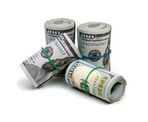 dollar bills knitted by a  rubber band isolated on white background