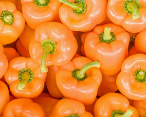 colorful orange peppers top view closeup, natural background