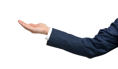 Businessman holding hand out in presentation on white