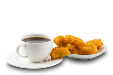 Black coffee in a white ceramic cup and deep-fried dough stick in a white ceramic plate on white background with clipping path.