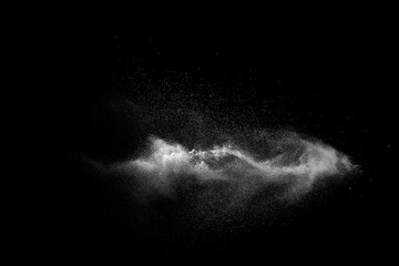 White talcume powder explosion on black background. White dust particles splash. - obrazy, fototapety, plakaty