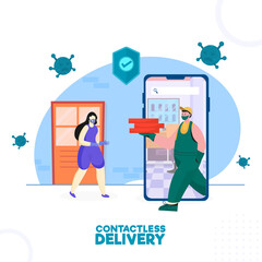 Delivery Boy And Customer Woman Wearing Medical Mask With Approval Security Shield In Smartphone For Contactless Delivery Concept.