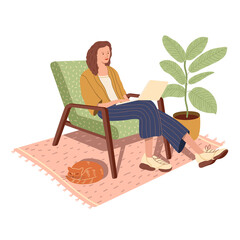 Girl with laptop sitting on the chair. Freelance or studying concept. Girl with notebook at home. Girl on the chair with the notebook. Girl on the chair with the notebook. Flat modern vector illustrat