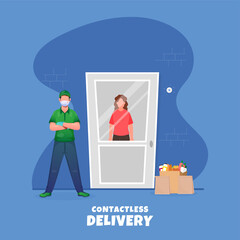 Delivery Boy Grocery Products Bag Putting Near The Contactless Customer At Door On Blue Background For Avoid Coronavirus.