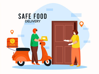 Delivery Boy Given Pizza Parcel to Customer Woman with Wear Medical Masks and Maintaining Social Distance for Safe Food Delivery During Coronavirus.