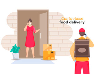 Courier Boy Informs You About Order Delivery from Phone to Customer Woman Standing at Door for Contactless Food Delivery.