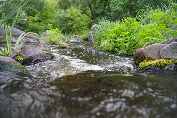 Naklejka na ściany i meble a beautiful mountain stream flows among stones and rocks