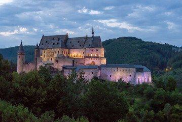 Fototapeta na wymiar Vianden Castle in Luxembourg in the evening. Soft focus