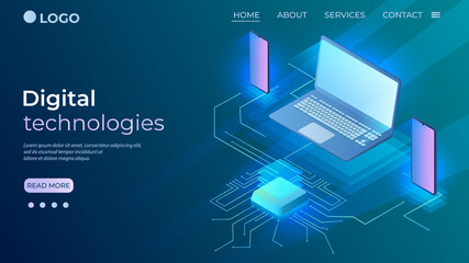 Digital technology.Web development and software programming concept.Laptops and smartphones are connected by digital technologies.Isometric vector illustration.