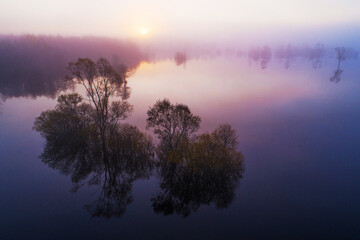 Soomaa National Park during a autumnal flood also known as the Fifth season in a foggy morning in Estonian nature, Northern Europe. 