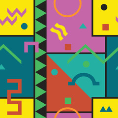 Fototapeta premium Vector seamless abstract memphis pattern with geometric shapes. Trendy bright design - retro fashion style 80-90s