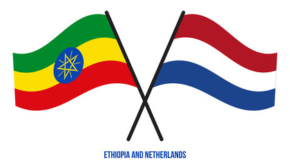 Ethiopia and Netherlands Flags Crossed And Waving Flat Style. Official Proportion. Correct Colors.