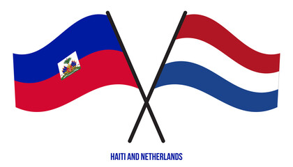 Haiti and Netherlands Flags Crossed And Waving Flat Style. Official Proportion. Correct Colors.
