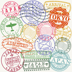 Tokyo Japan Stamp Vector Art Symbol Design Postal Badge Rubber Set.