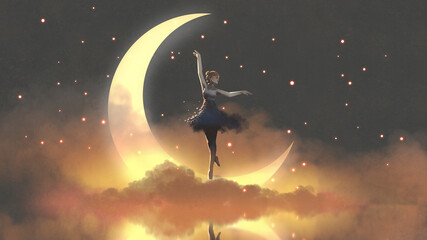 a ballerina dancing with fireflies against the crescent moon, digital art style, illustration painting - obrazy, fototapety, plakaty