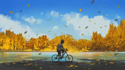 Foto op Plexiglas jongen op een fiets kijkend naar de herfstweergave, digitale kunststijl, illustratie schilderij © grandfailure