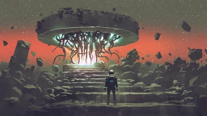 Tuinposter astronaut kijkt naar de buitenaardse tentakels die uit het portaal komen, digitale kunststijl, illustratie, schilderkunst © grandfailure