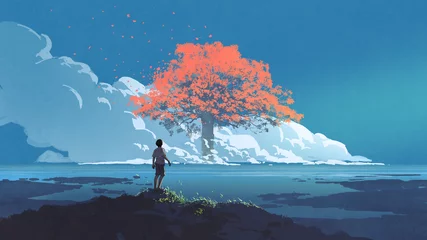 Gordijnen jonge jongen die naar de gigantische herfstboom aan de horizon kijkt, digitale kunststijl, illustratie, schilderkunst © grandfailure