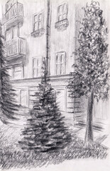 Charcoal drawing with street view & spruces in Baranovichi, Eastern Europe. Black pencil sketch in vintage style. Monochrome vertical drawing for post card decoration, historical artwork on paper.