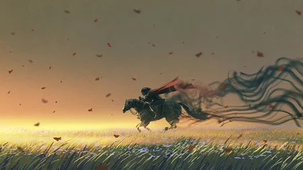 Tuinposter ridder berijden van een paard dat in de wei loopt, digitale kunststijl, illustratie, schilderkunst © grandfailure