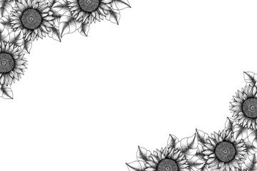 vintage sunflower frame, hand drawn ink floral card design, botanical frame decoration with monochrome sunflowers, line art floral decoration