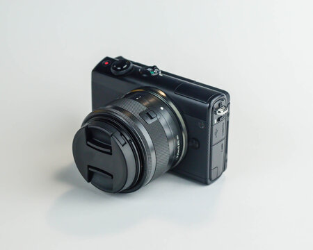 Generic photo of a black camera on a white background.