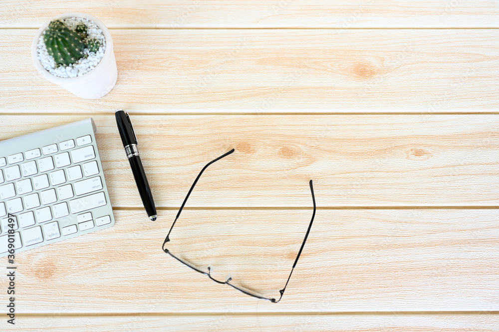 Poster wooden office desk modern with pen keyboard computer in office view backgrounds