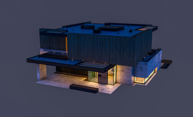 3d rendering of modern cozy house with parking and pool for sale or rent with wood plank facade. Isolated on white