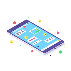Isometric mobile phone technology concept smartphone internet social media communication icon flat vector illustration