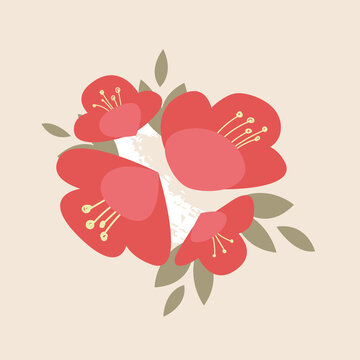 Red Japanese Camellia hand-drawn. Cute picture, a bunch of cartoon flowers with green leaves. Vector illustration on an isolated pink background.