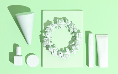 Minimal aesthetic still life monochrome wallpaper. Aqua menthe colours trends. Geometry and cosmetics Object