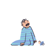 little boy crying in pajamas in flat style vector illustration. Nipple fell. Blue striped sleep suit. Child with fair skin. Small children in the family