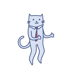 Cartoon business cat with hands in like gesture, successful businessman boss approving, vector illustration isolated on white. Corporate leadership business concept of success and support.
