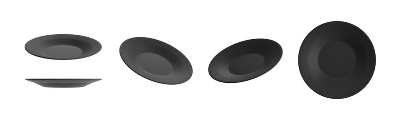 Fototapeta na wymiar Isolated dishes from different perspectives. Black matte color.
