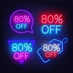 80 percent off set of neon signs on a dark background. Discount for sale promotion.