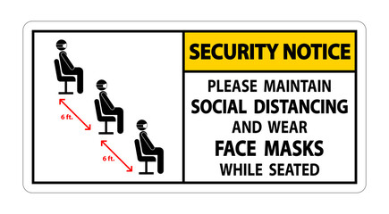 Security Notice Maintain Social Distancing Wear Face Masks Sign on white background