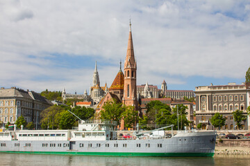 View of the Fisherman's Bastion, Reformed Church and the Church of St. Matthias in Budapest. Hungary