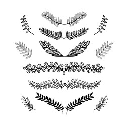 Vintage set of hand drawn rustic laurels. Floral vector graphic elements. Black ink illustration isolated on white background. Outlined leaves and branches.