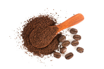 Ground coffee (Coffee powder) and coffee beans isolated on white background,Top view.