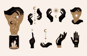 Elegant female witchy hands. Set of abstract hand drawn Vector illustrations.