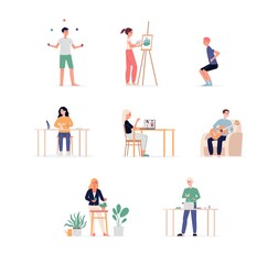A set of vector isolated illustration of people daily activities or hobbies.