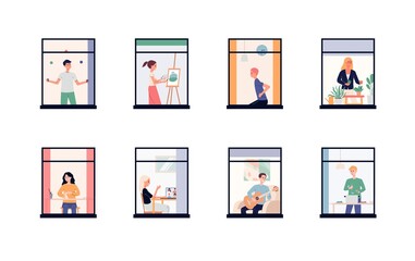 Windows with people engaged home activity flat vector illustration isolated.