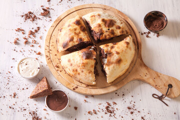Hot brownie filled in naan bread sandwich perfect fusion dessert food top shot