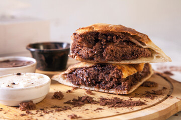 Hot brownie filled in naan bread sandwich perfect fusion dessert food