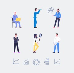 Set of business people with diagrams flat vector illustration isolated.