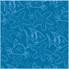 Fototapeta na wymiar Seamless pattern blue doodle starfish, crab and coral fish