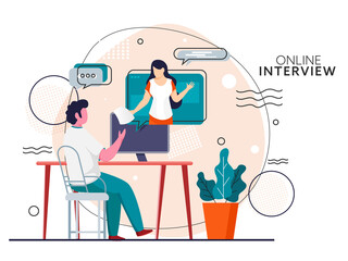 Cartoon Man Interviewing Online To Woman In Desktop On Abstract Background For Avoid Coronavirus.