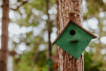 Wooden birdhouse is on the tree. Copy space.