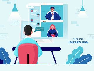 Back View of Businessman having Video Conference from People in Computer for Online Interview, Job Vacancy.