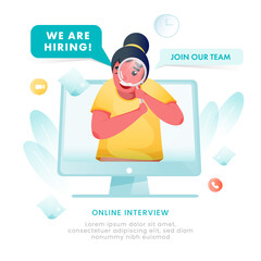 Cartoon Woman Searching Candidates In Computer And Saying We Are Hiring, Online Interview To Join Our Team For Advertising Concept.